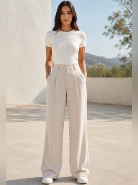 Everlane Drape Hugh Waisted Wide Leg Pants Size 14 S Sandstone Tan Cream NWT